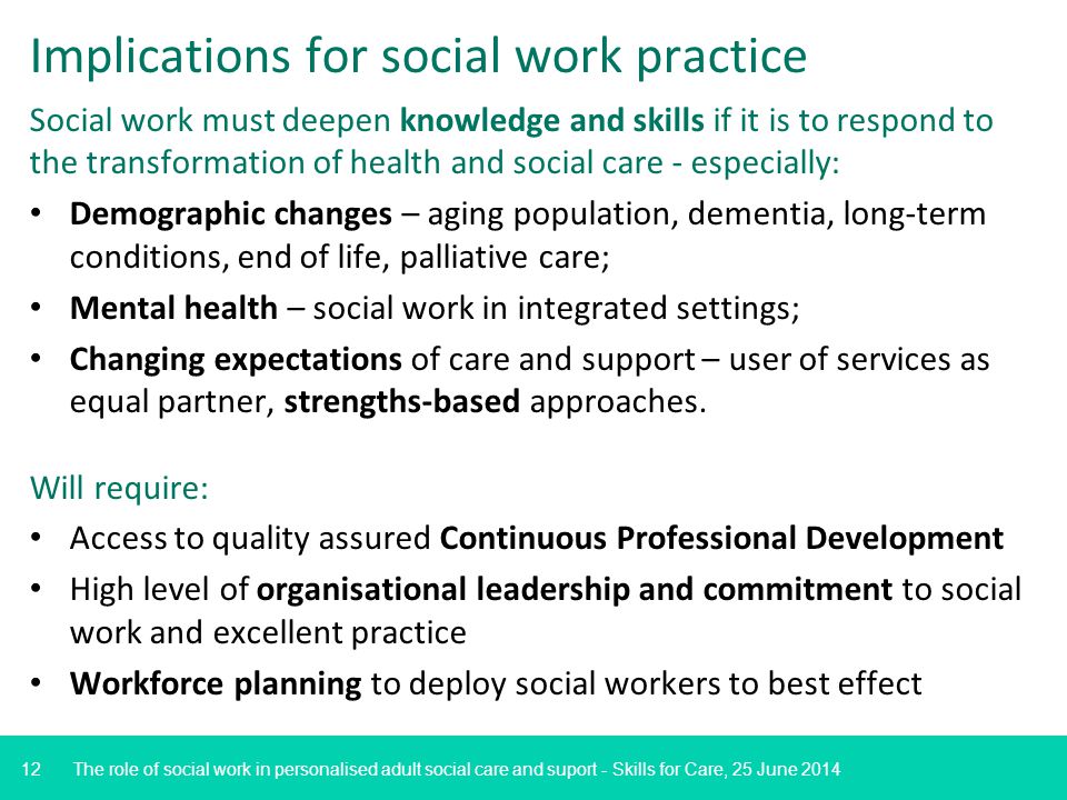 12 Implications for social work practice Social work must deepen knowledge and skills if it is to respond to the transformation of health and social care - especially: Demographic changes – aging population, dementia, long-term conditions, end of life, palliative care; Mental health – social work in integrated settings; Changing expectations of care and support – user of services as equal partner, strengths-based approaches.