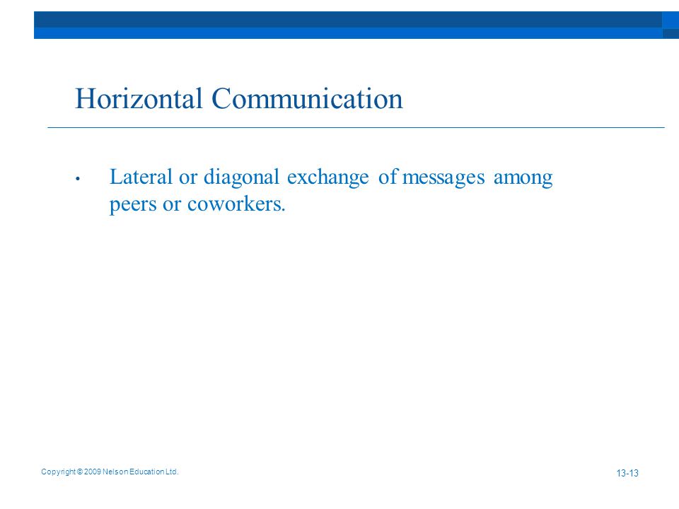 Horizontal Communication Lateral or diagonal exchange of messages among peers or coworkers.