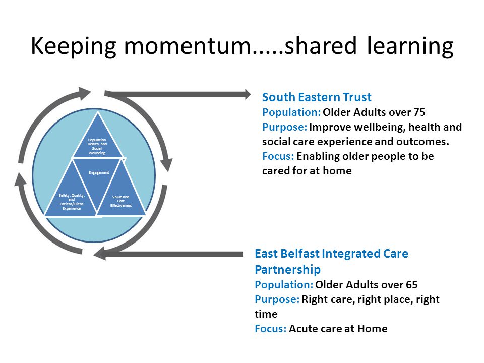 Keeping momentum.....shared learning South Eastern Trust Population: Older Adults over 75 Purpose: Improve wellbeing, health and social care experience and outcomes.