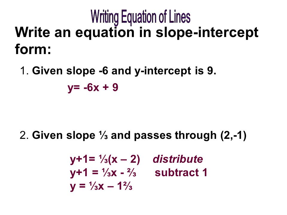 Write an equation in slope-intercept form: 1. Given slope -6 and y-intercept is 9.