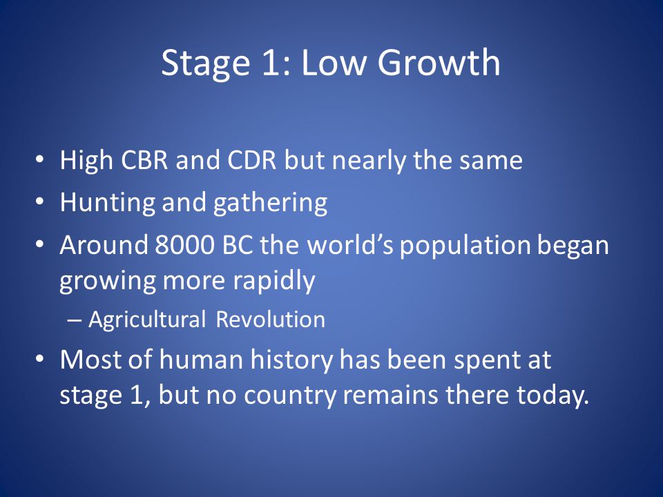 Stage 1: Low Growth High CBR and CDR but nearly the same Hunting and gathering Around 8000 BC the world’s population began growing more rapidly – Agricultural Revolution Most of human history has been spent at stage 1, but no country remains there today.