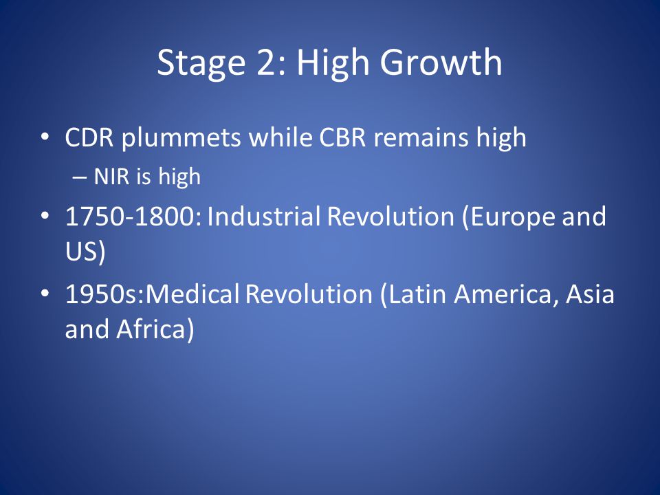 Stage 2: High Growth CDR plummets while CBR remains high – NIR is high : Industrial Revolution (Europe and US) 1950s:Medical Revolution (Latin America, Asia and Africa)