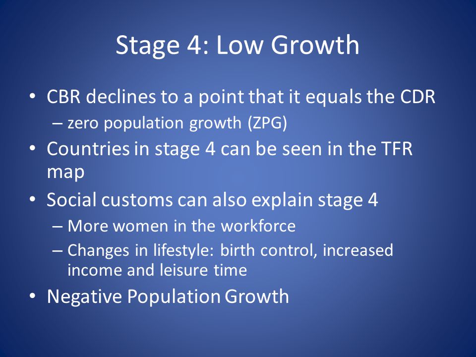 Stage 4: Low Growth CBR declines to a point that it equals the CDR – zero population growth (ZPG) Countries in stage 4 can be seen in the TFR map Social customs can also explain stage 4 – More women in the workforce – Changes in lifestyle: birth control, increased income and leisure time Negative Population Growth