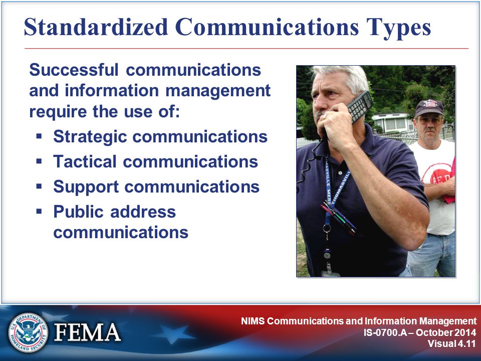 NIMS Communications and Information Management IS-0700.A – October 2014 Visual 4.11 Standardized Communications Types Successful communications and information management require the use of:  Strategic communications  Tactical communications  Support communications  Public address communications