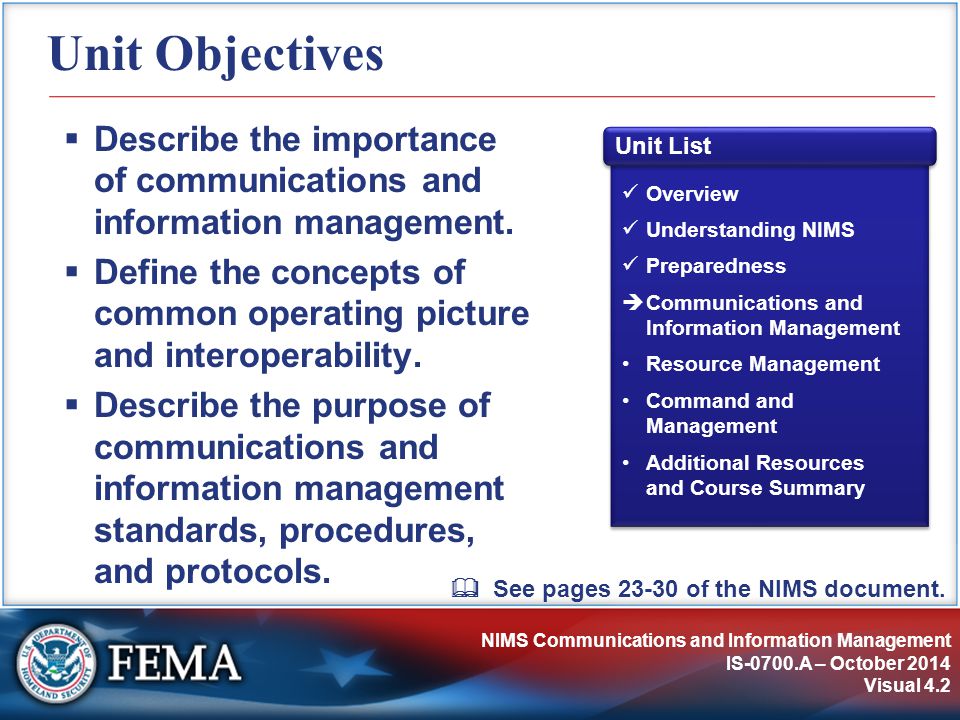 NIMS Communications and Information Management IS-0700.A – October 2014 Visual 4.2 Unit Objectives  Describe the importance of communications and information management.