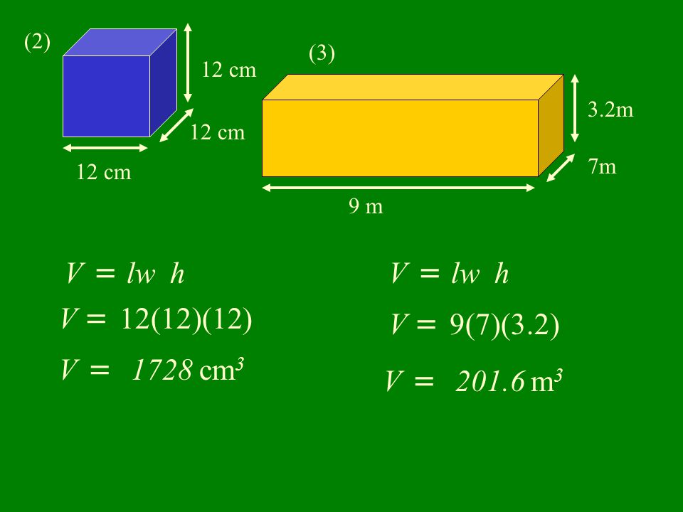(2) 12 cm V = B h lw V = 12(12)(12) V = 1728 cm 3 (3) 9 m 7m 3.2m V = B h lw V = 9(7)(3.2) V = m 3