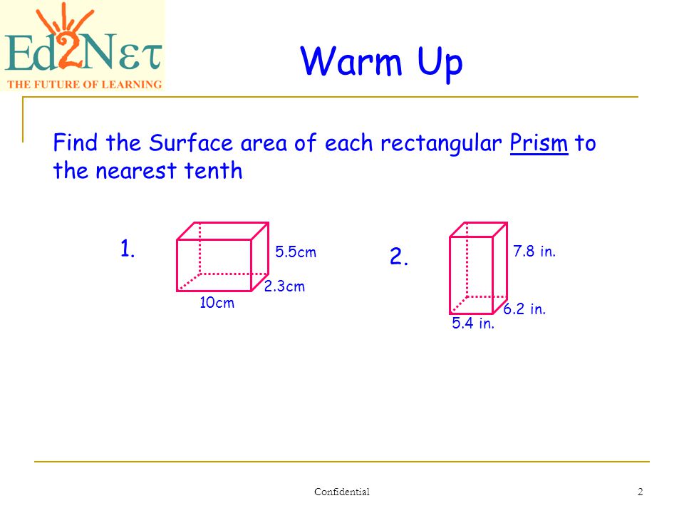 Confidential 2 Warm Up Find the Surface area of each rectangular Prism to the nearest tenth 5.5cm 2.3cm 10cm 1.