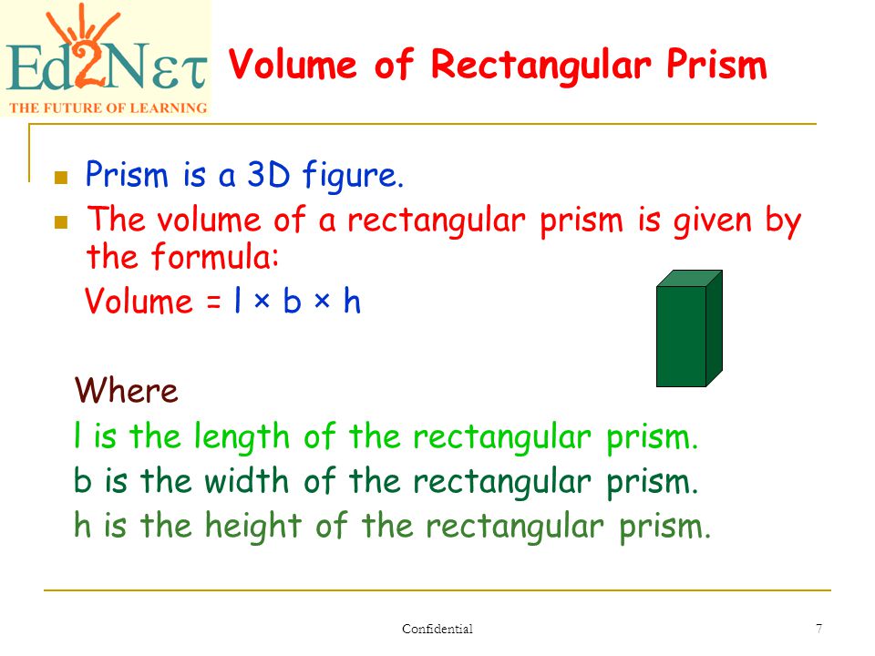 Confidential 7 Volume of Rectangular Prism Prism is a 3D figure.