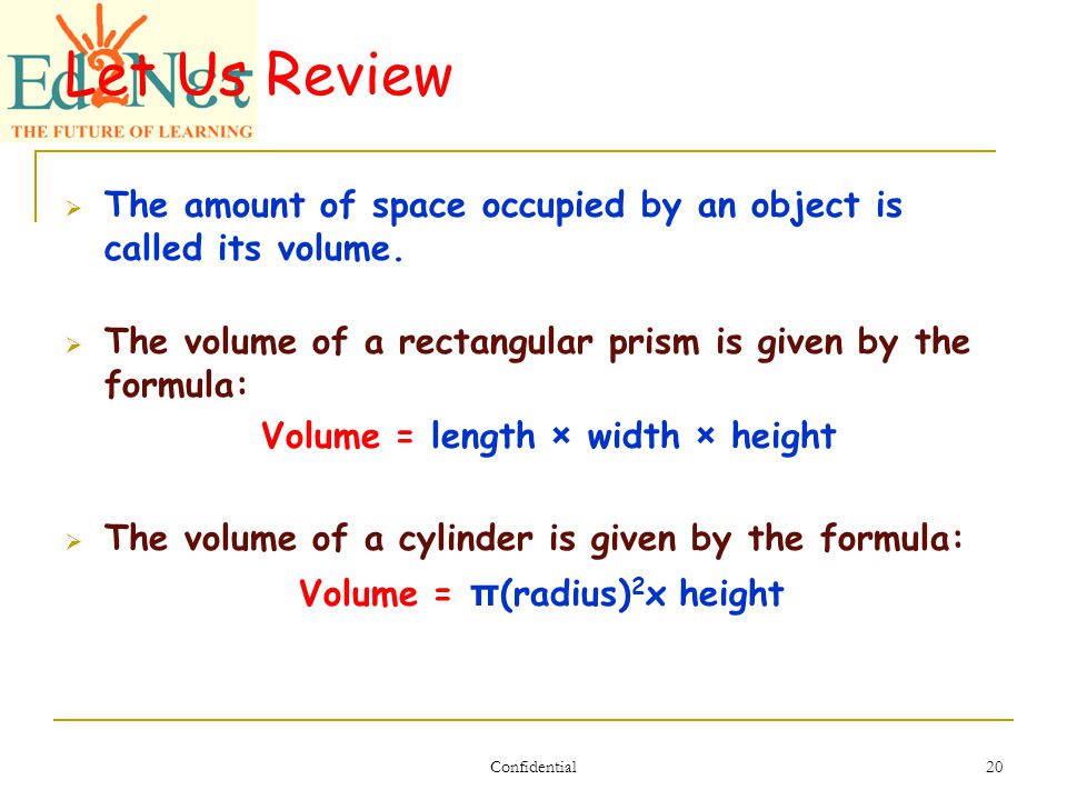 Confidential 20 Let Us Review  The amount of space occupied by an object is called its volume.
