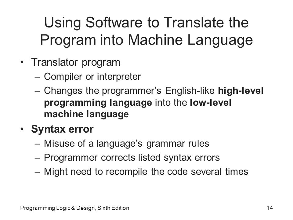 Using Software to Translate the Program into Machine Language Translator program –Compiler or interpreter –Changes the programmer’s English-like high-level programming language into the low-level machine language Syntax error –Misuse of a language’s grammar rules –Programmer corrects listed syntax errors –Might need to recompile the code several times Programming Logic & Design, Sixth Edition14