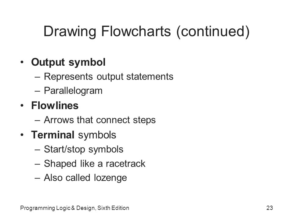 Drawing Flowcharts (continued) Output symbol –Represents output statements –Parallelogram Flowlines –Arrows that connect steps Terminal symbols –Start/stop symbols –Shaped like a racetrack –Also called lozenge Programming Logic & Design, Sixth Edition23