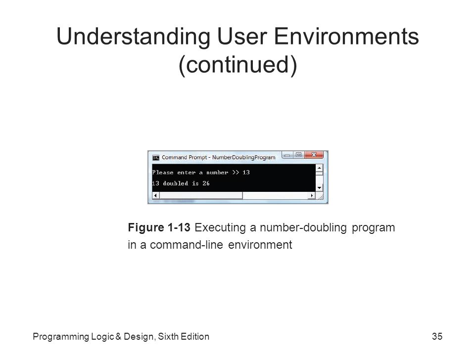Understanding User Environments (continued) Figure 1-13 Executing a number-doubling program in a command-line environment Programming Logic & Design, Sixth Edition35