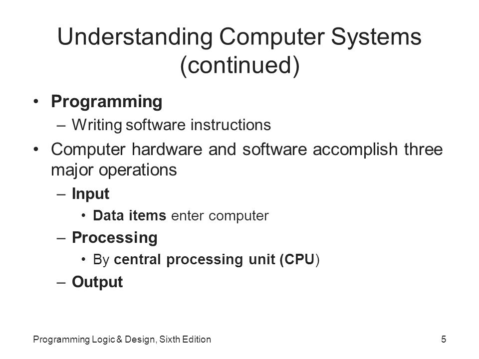 Understanding Computer Systems (continued) Programming –Writing software instructions Computer hardware and software accomplish three major operations –Input Data items enter computer –Processing By central processing unit (CPU) –Output Programming Logic & Design, Sixth Edition5