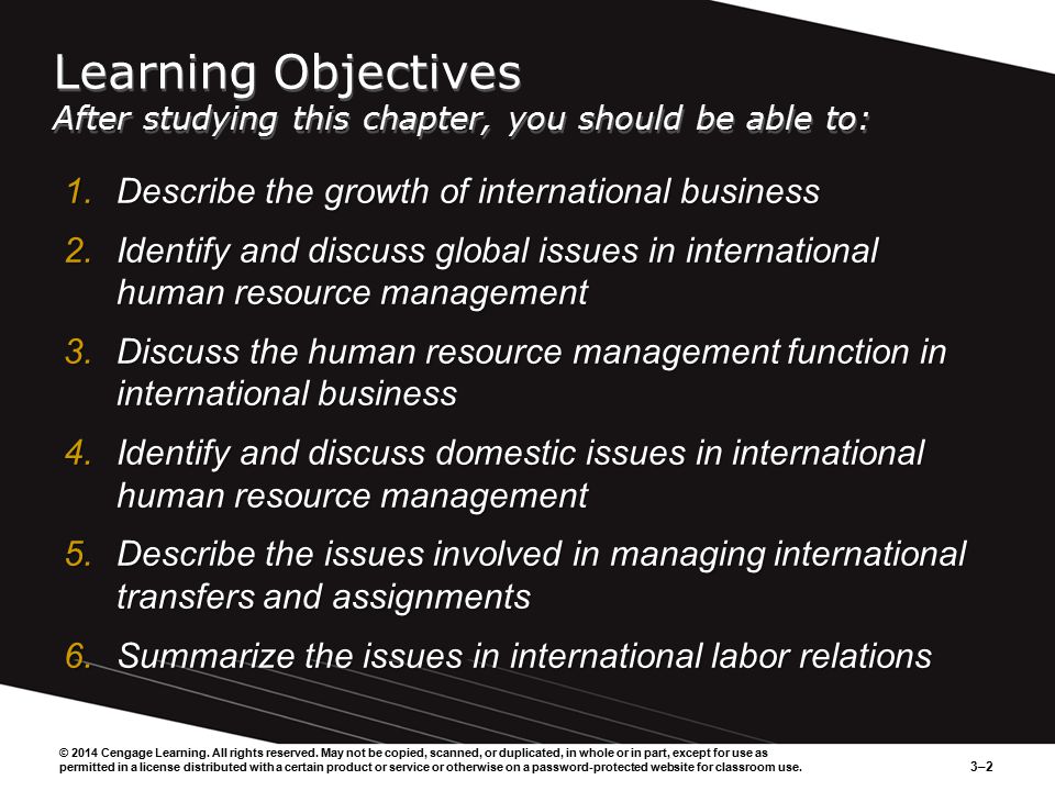 3–2 Learning Objectives After studying this chapter, you should be able to: 1.Describe the growth of international business 2.Identify and discuss global issues in international human resource management 3.Discuss the human resource management function in international business 4.Identify and discuss domestic issues in international human resource management 5.Describe the issues involved in managing international transfers and assignments 6.Summarize the issues in international labor relations