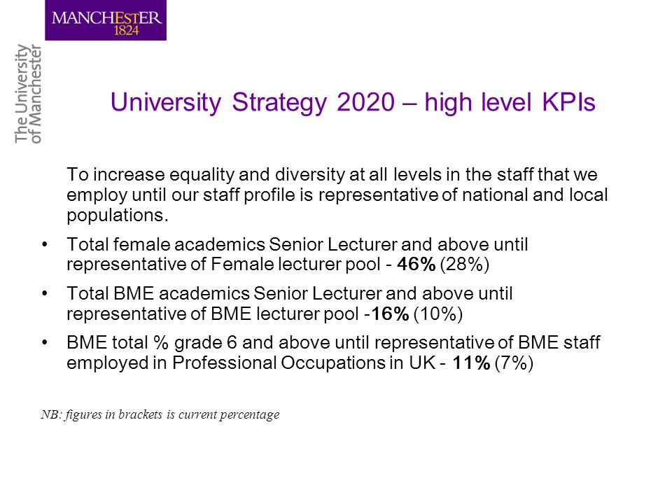University Strategy 2020 – high level KPIs To increase equality and diversity at all levels in the staff that we employ until our staff profile is representative of national and local populations.