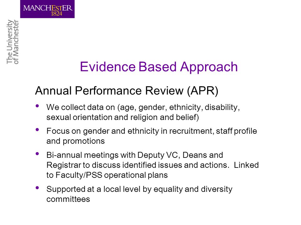 Evidence Based Approach Annual Performance Review (APR) We collect data on (age, gender, ethnicity, disability, sexual orientation and religion and belief) Focus on gender and ethnicity in recruitment, staff profile and promotions Bi-annual meetings with Deputy VC, Deans and Registrar to discuss identified issues and actions.