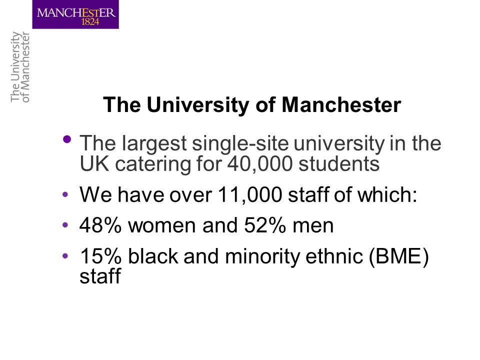 The University of Manchester The largest single-site university in the UK catering for 40,000 students We have over 11,000 staff of which: 48% women and 52% men 15% black and minority ethnic (BME) staff