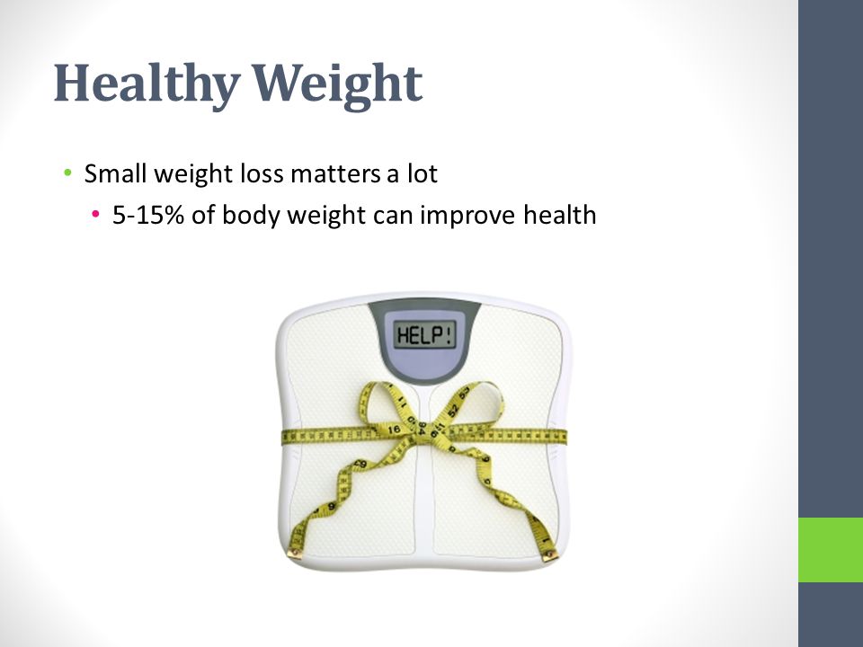 Healthy Weight Small weight loss matters a lot 5-15% of body weight can improve health