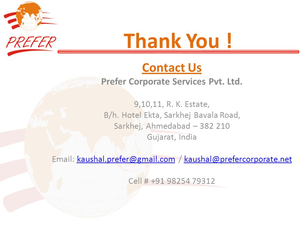 Thank You . Contact Us Prefer Corporate Services Pvt.