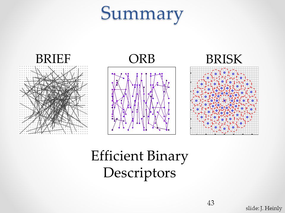 Summary 43 BRIEF BRISK ORB Efficient Binary Descriptors slide: J. Heinly
