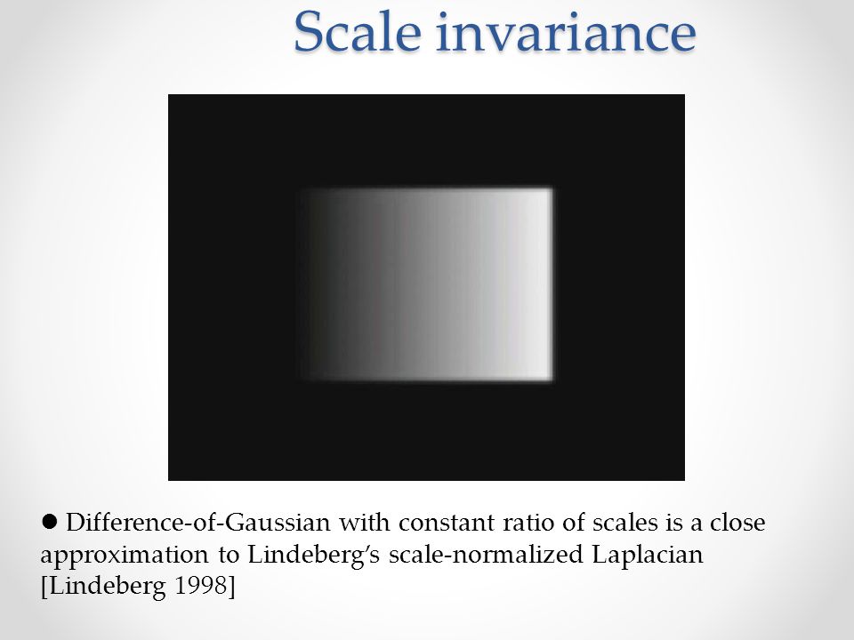 Difference of Gaussian for Scale invariance Difference-of-Gaussian with constant ratio of scales is a close approximation to Lindeberg’s scale-normalized Laplacian [Lindeberg 1998]