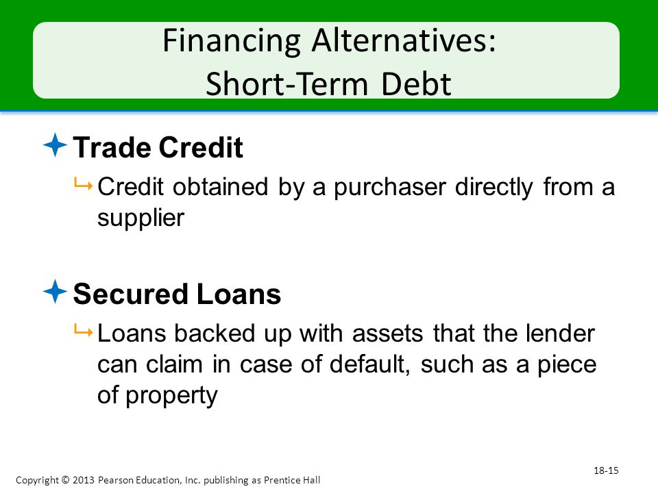 Financing Alternatives: Short-Term Debt  Trade Credit  Credit obtained by a purchaser directly from a supplier  Secured Loans  Loans backed up with assets that the lender can claim in case of default, such as a piece of property Copyright © 2013 Pearson Education, Inc.