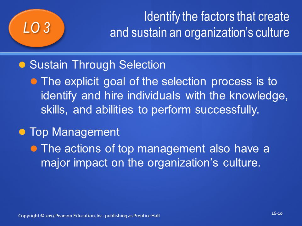 Identify the factors that create and sustain an organization’s culture Copyright © 2013 Pearson Education, Inc.
