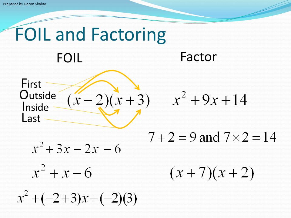 Quadratic Equations Prepared By Doron Shahar Warm Up Page 15 A 3 Foil And Factoring F Irst O Utside I Nside L Ast Factor Prepared By Doron Shahar