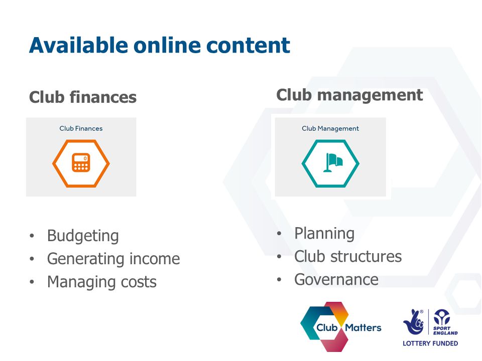 Club finances Budgeting Generating income Managing costs Club management Planning Club structures Governance