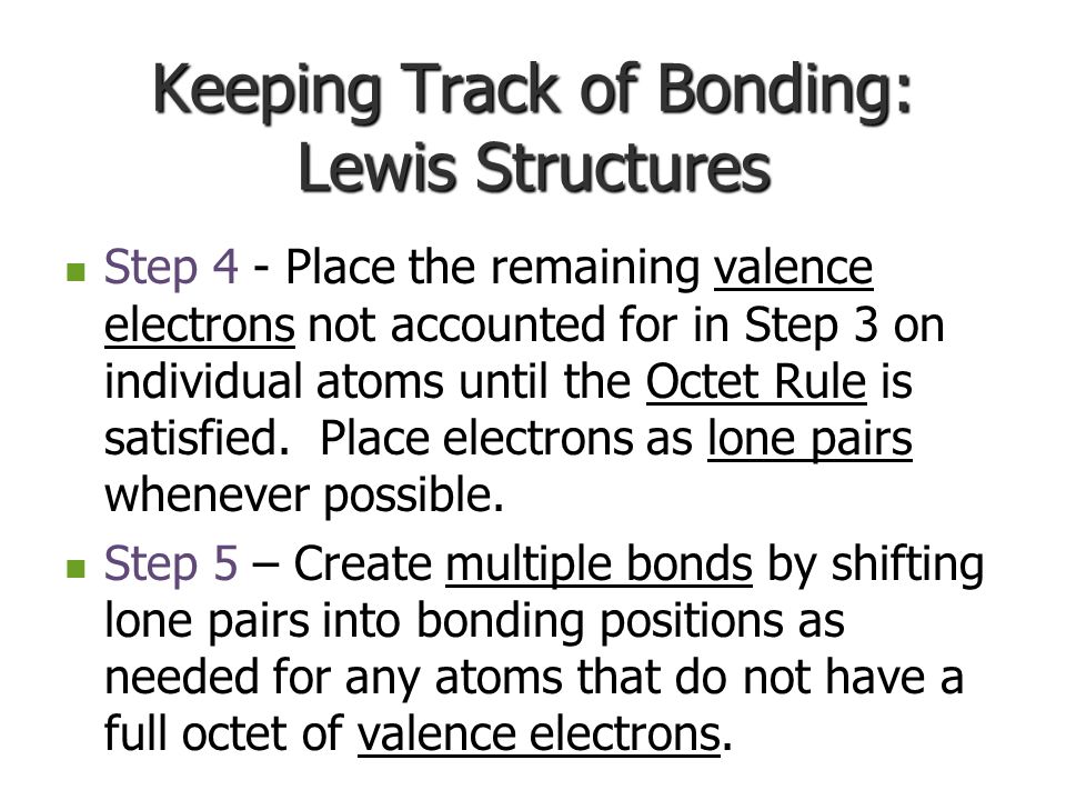 Keeping Track of Bonding: Lewis Structures Step 1 - Count the total valence electrons in the molecule or ion.