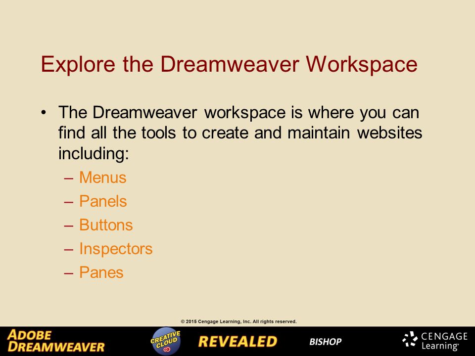 Explore the Dreamweaver Workspace The Dreamweaver workspace is where you can find all the tools to create and maintain websites including: –Menus –Panels –Buttons –Inspectors –Panes