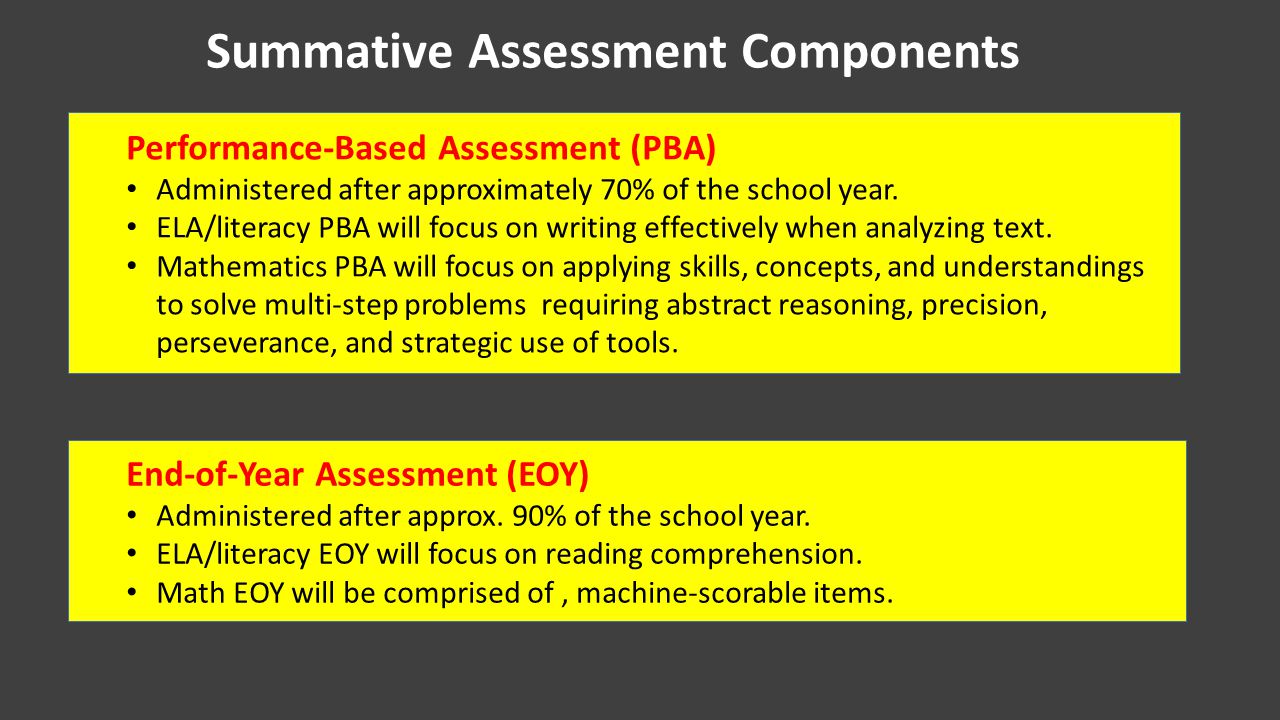 Summative Assessment Components Performance-Based Assessment (PBA) Administered after approximately 70% of the school year.