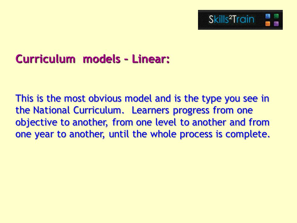 This is the most obvious model and is the type you see in the National Curriculum.