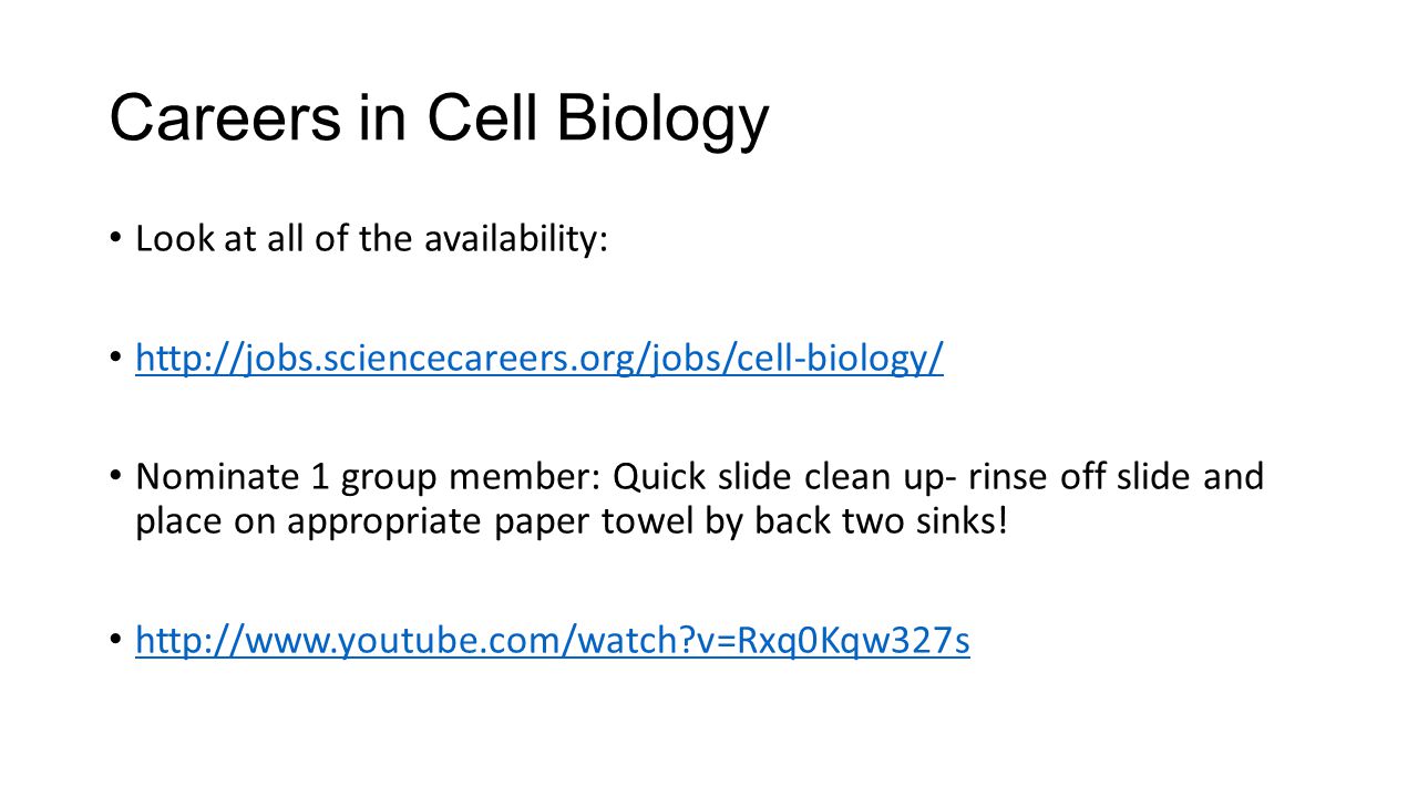 Careers in Cell Biology Look at all of the availability:   Nominate 1 group member: Quick slide clean up- rinse off slide and place on appropriate paper towel by back two sinks.