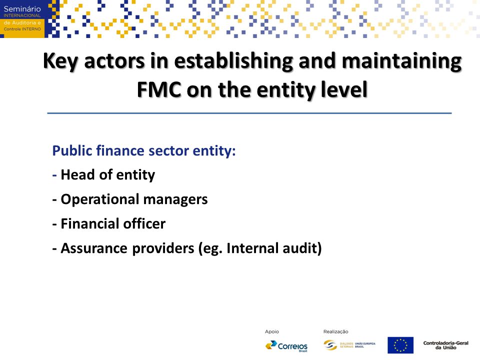 Key actors in establishing and maintaining FMC on the entity level Public finance sector entity: - Head of entity - Operational managers - Financial officer - Assurance providers (eg.