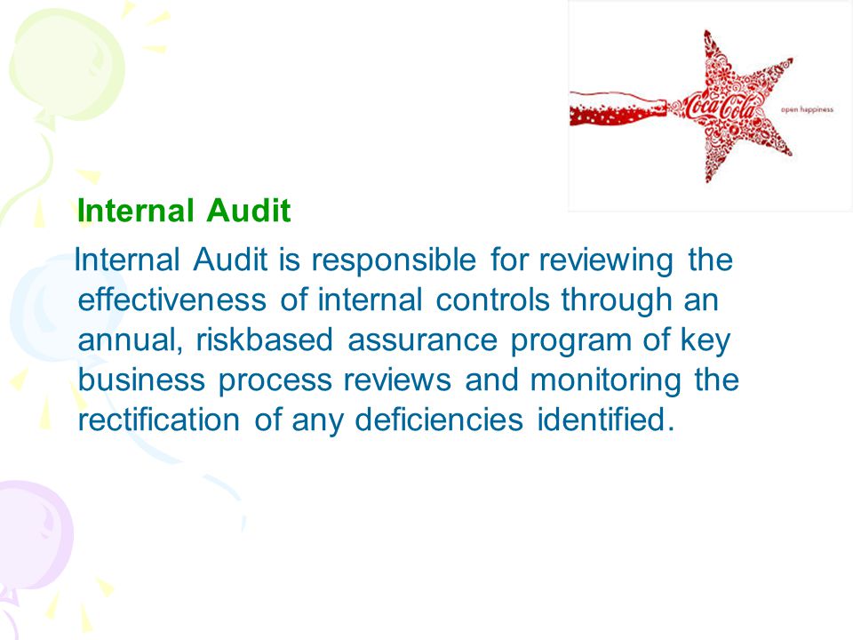 Internal Audit Internal Audit is responsible for reviewing the effectiveness of internal controls through an annual, riskbased assurance program of key business process reviews and monitoring the rectification of any deficiencies identified.