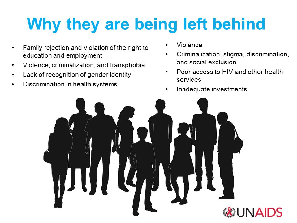 Why they are being left behind Violence Criminalization, stigma, discrimination, and social exclusion Poor access to HIV and other health services Inadequate investments Family rejection and violation of the right to education and employment Violence, criminalization, and transphobia Lack of recognition of gender identity Discrimination in health systems