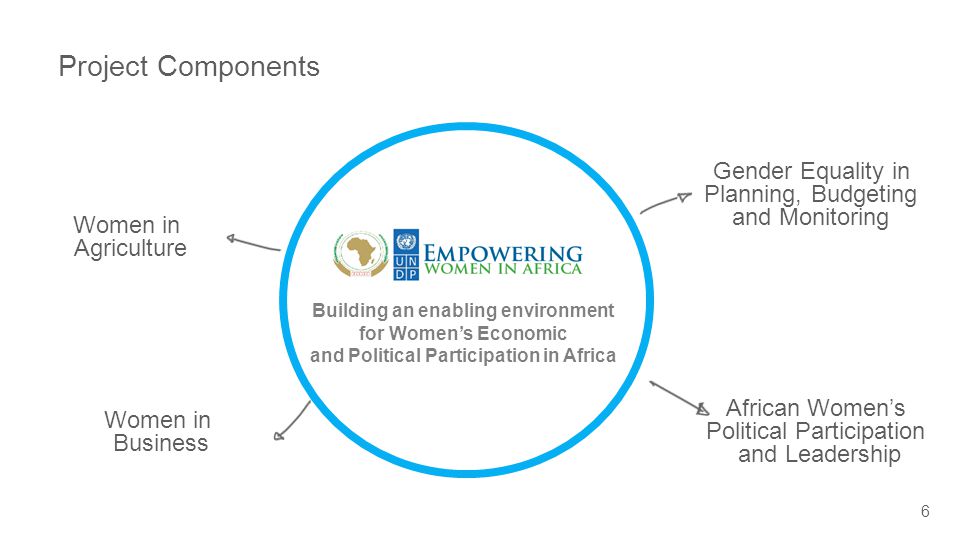 Project Components 6 Women in Business Women in Agriculture Gender Equality in Planning, Budgeting and Monitoring African Women’s Political Participation and Leadership Building an enabling environment for Women’s Economic and Political Participation in Africa