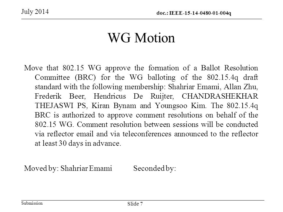 doc.: IEEE q q Submission WG Motion Move that WG approve the formation of a Ballot Resolution Committee (BRC) for the WG balloting of the q draft standard with the following membership: Shahriar Emami, Allan Zhu, Frederik Beer, Hendricus De Ruijter, CHANDRASHEKHAR THEJASWI PS, Kiran Bynam and Youngsoo Kim.
