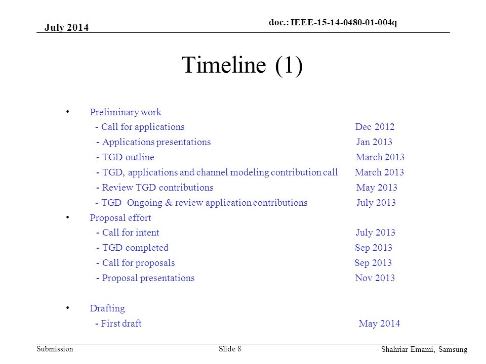 doc.: IEEE q q Submission Timeline (1) Slide 8 Preliminary work - Call for applications Dec Applications presentations Jan TGD outline March TGD, applications and channel modeling contribution call March Review TGD contributions May TGD Ongoing & review application contributions July 2013 Proposal effort - Call for intent July TGD completed Sep Call for proposals Sep Proposal presentations Nov 2013 Drafting - First draft May 2014 July 2014 Shahriar Emami, Samsung