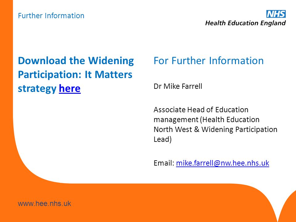 Further Information Download the Widening Participation: It Matters strategy herehere For Further Information Dr Mike Farrell Associate Head of Education management (Health Education North West & Widening Participation Lead)