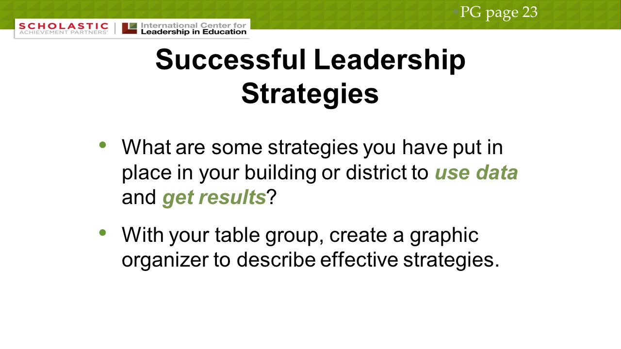 Successful Leadership Strategies What are some strategies you have put in place in your building or district to use data and get results.