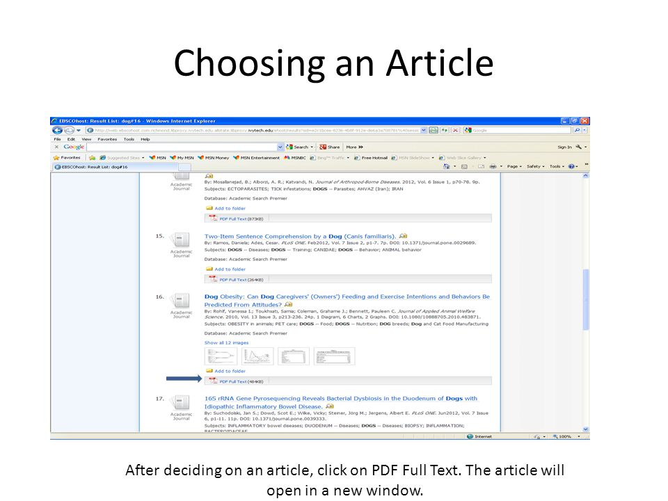 Choosing an Article After deciding on an article, click on PDF Full Text.