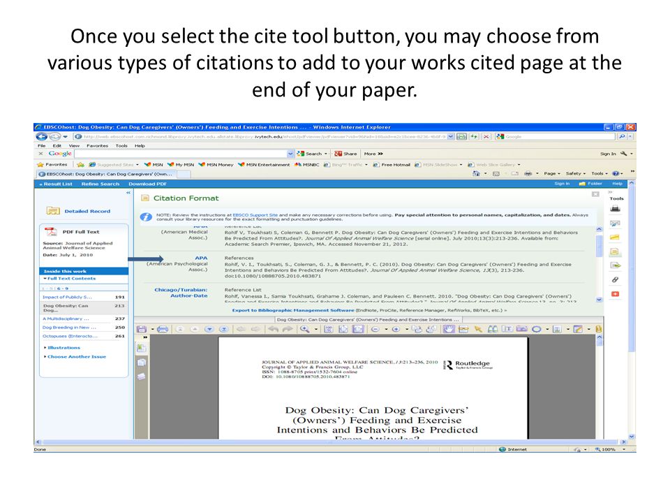 Once you select the cite tool button, you may choose from various types of citations to add to your works cited page at the end of your paper.