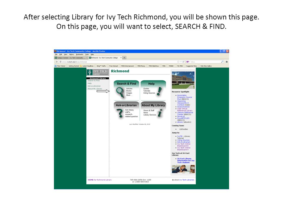 After selecting Library for Ivy Tech Richmond, you will be shown this page.