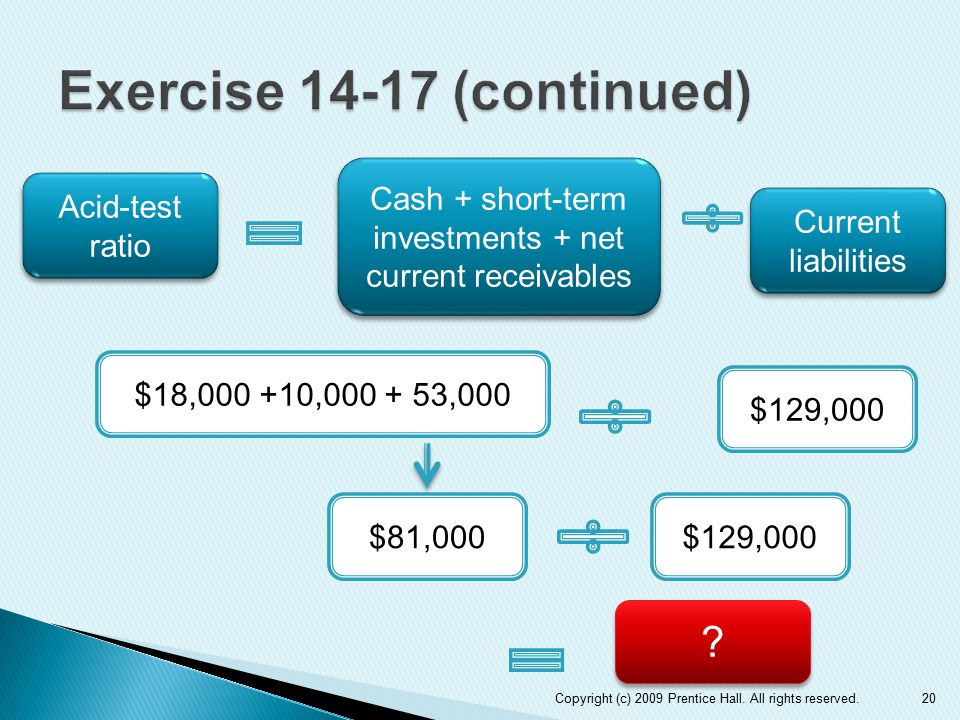 20 Acid-test ratio Cash + short-term investments + net current receivables Current liabilities $18, , ,000 $129,000 $81,000 .