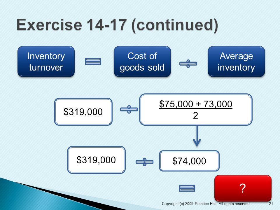 21 Inventory turnover Cost of goods sold Average inventory $319,000 $75, ,000 2 $74,000 $319,000 .