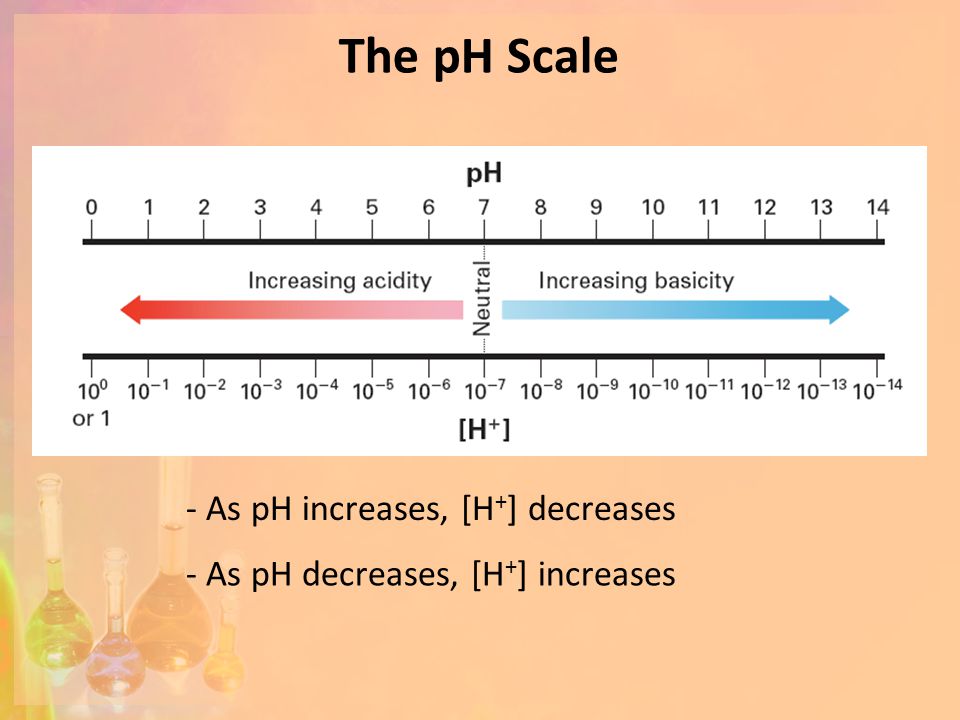 The pH Scale - As pH increases, [H + ] decreases - As pH decreases, [H + ] increases