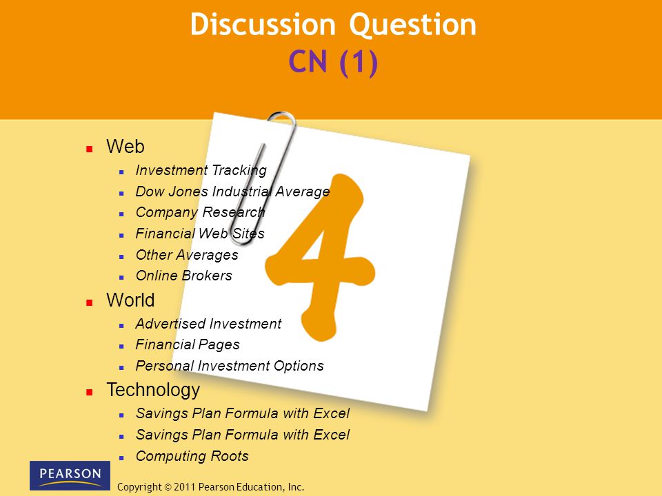 Discussion Question CN (1) Web Investment Tracking Dow Jones Industrial Average Company Research Financial Web Sites Other Averages Online Brokers World Advertised Investment Financial Pages Personal Investment Options Technology Savings Plan Formula with Excel Computing Roots Copyright © 2011 Pearson Education, Inc.