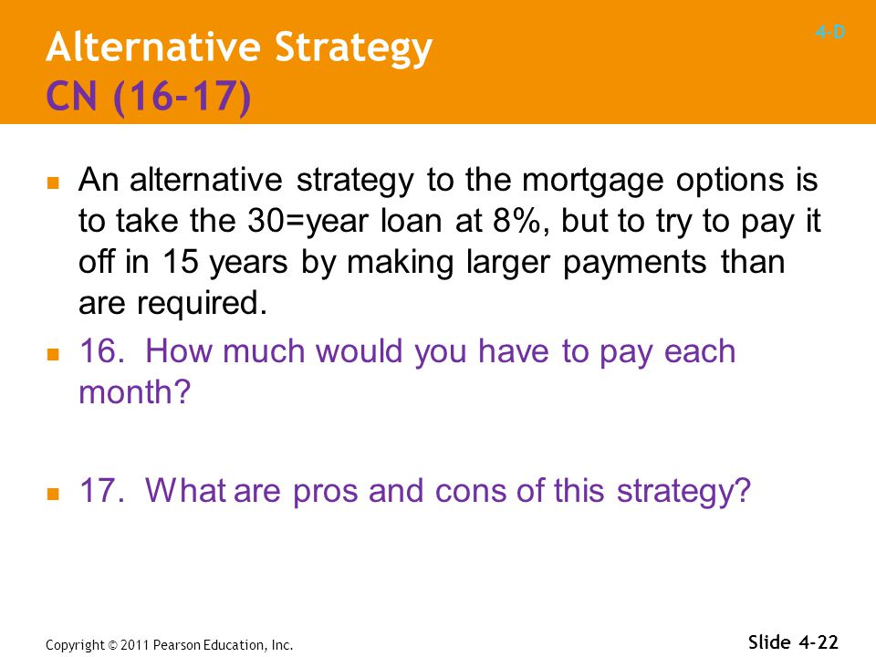 4-D Alternative Strategy CN (16-17) An alternative strategy to the mortgage options is to take the 30=year loan at 8%, but to try to pay it off in 15 years by making larger payments than are required.